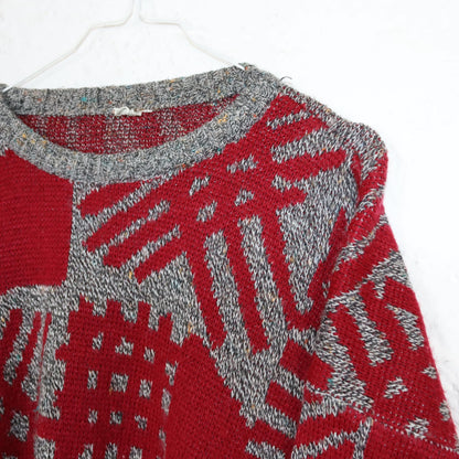 Vintage 80er 90er Pullover Strickpullover crazy pattern grau rot 50 L