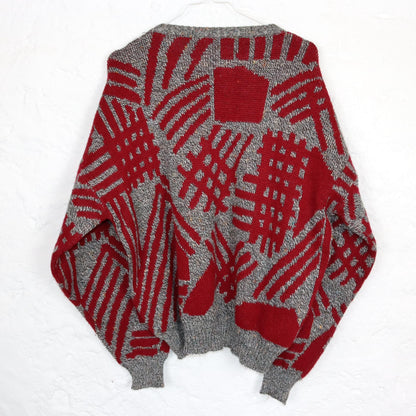 Vintage 80er 90er Pullover Strickpullover crazy pattern grau rot 50 L