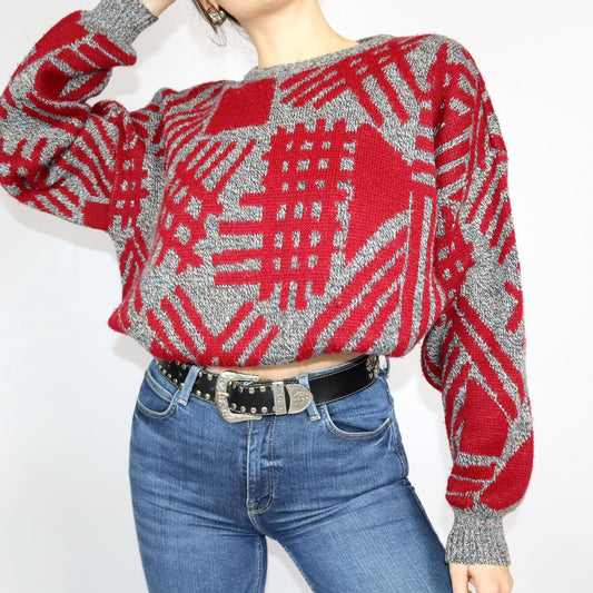 Vintage 80er 90er Pullover Strickpullover crazy pattern grau rot 50 L