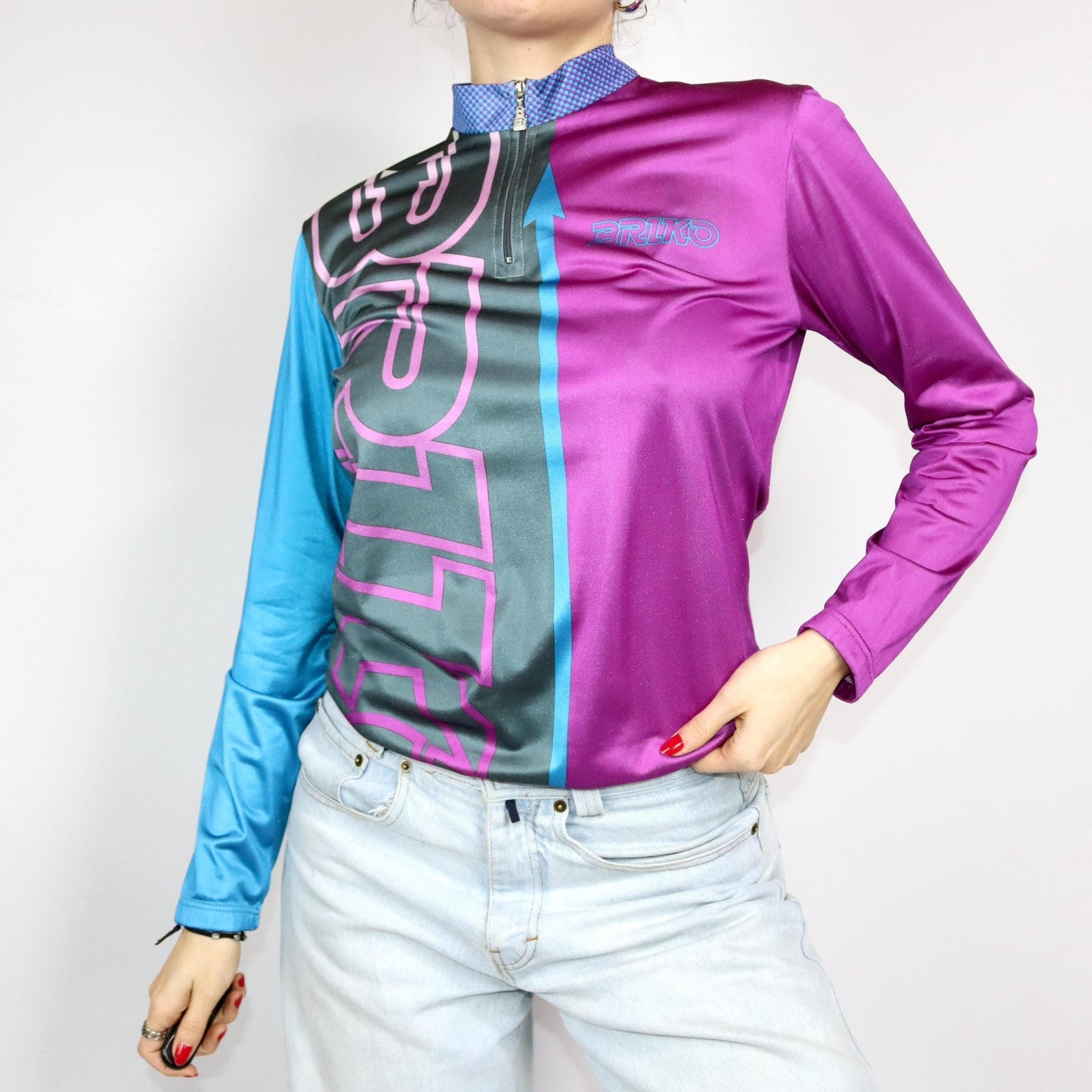 Vintage 80er 90er BRIKO Fahrradtrikot Racing Shirt blau lila langarm M