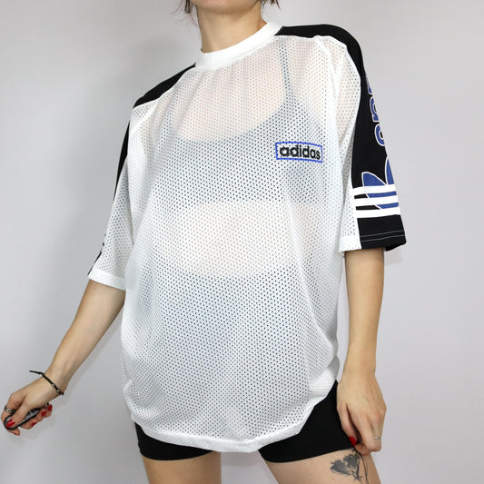 Vintage 80s 90s ADIDAS jersey mesh T-shirt short sleeve white blue D9 XL