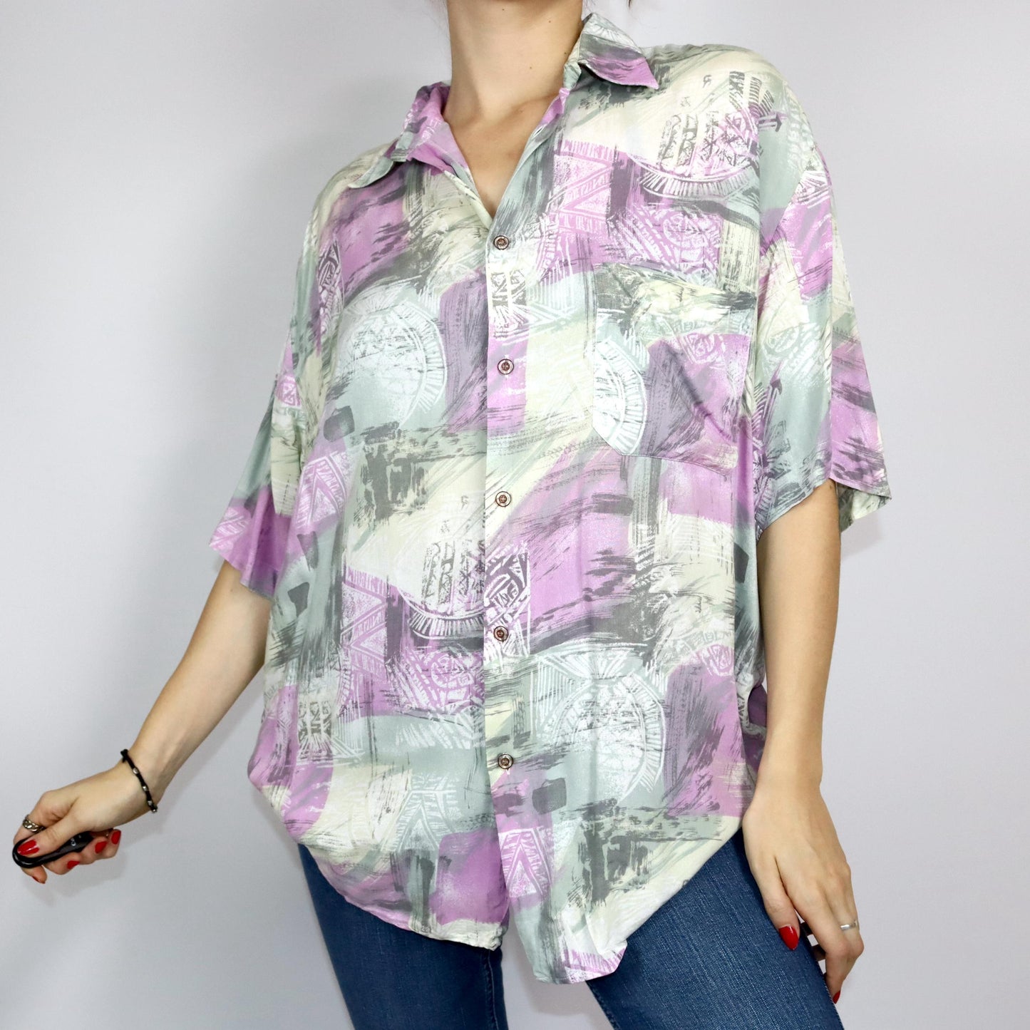 Vintage 80s 90s CASH MC CALL shirt short sleeve crazy pattern pink pastel L