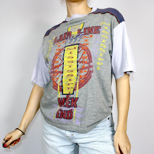 Vintage 80s 90s MISSISSIPPI T-shirt short sleeve print lilac grey M
