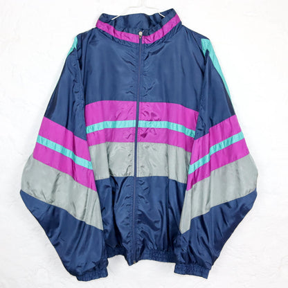 Vintage 80s 90s tracksuit jacket sports jacket stand-up collar shiny double-layered purple turquoise dark blue L