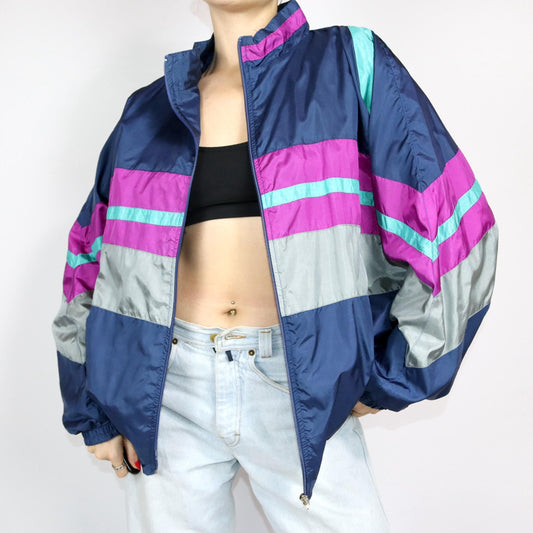 Vintage 80s 90s tracksuit jacket sports jacket stand-up collar shiny double-layered purple turquoise dark blue L