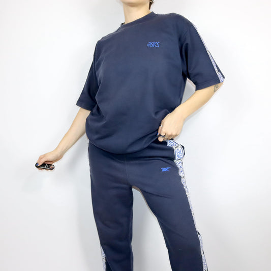 Vintage 80s 90s ASICS tracksuit T-shirt jogging pants dark blue L