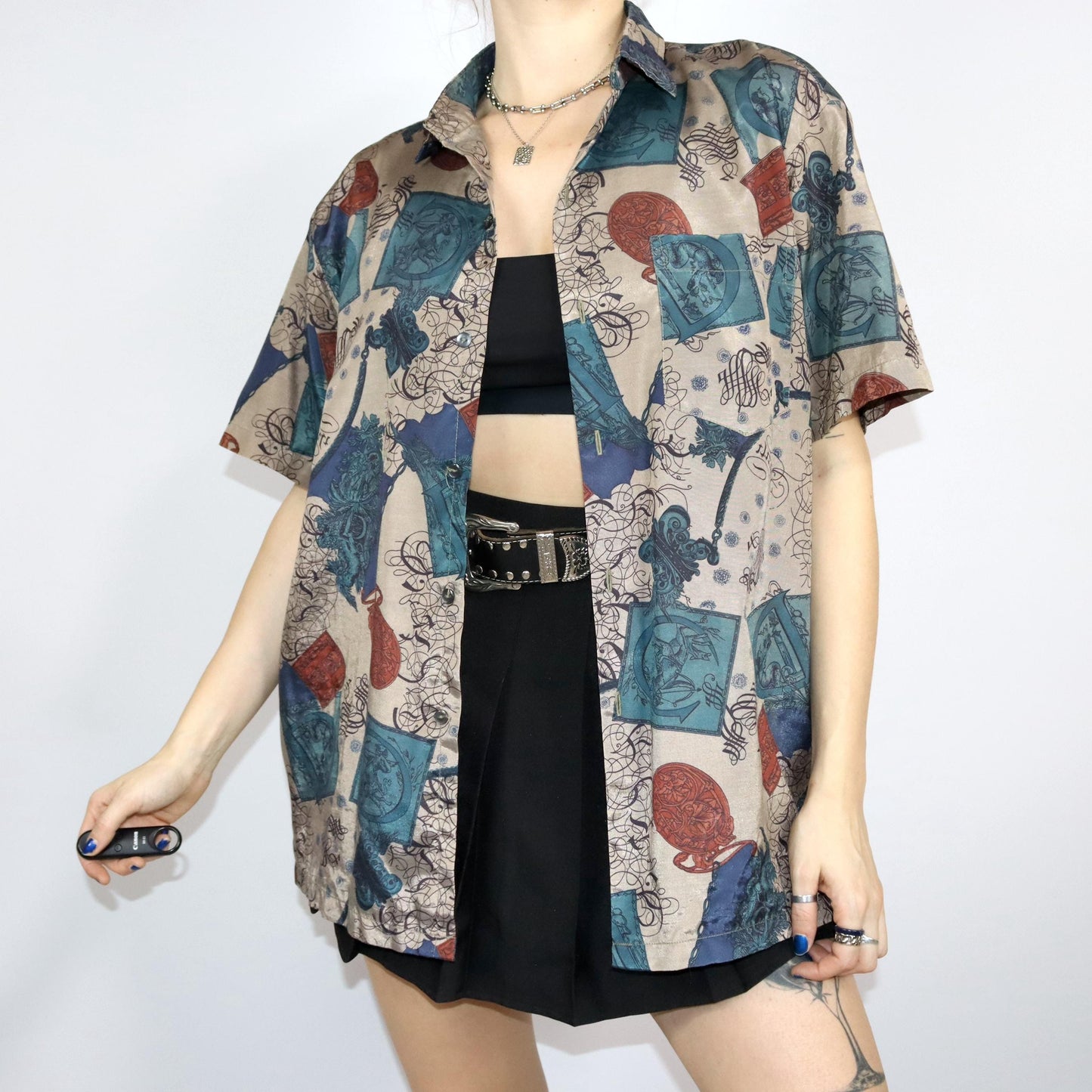 Vintage 80er 90er Hemd kurzarm crazy pattern glänzend metallic L