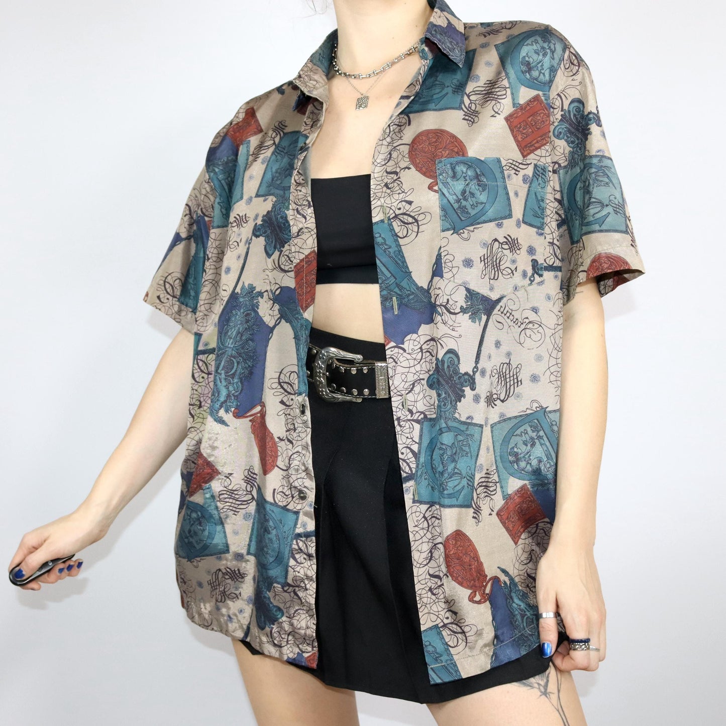 Vintage 80er 90er Hemd kurzarm crazy pattern glänzend metallic L