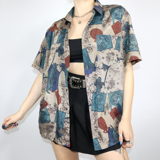 Vintage 80er 90er Hemd kurzarm crazy pattern glänzend metallic L