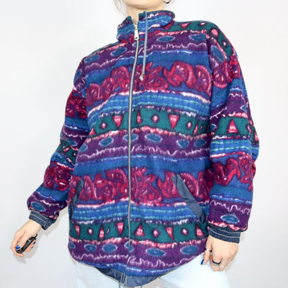 Vintage 80s 90s MERRYL reversible jacket windbreaker fleece jacket dark blue crazy pattern 46/48 L