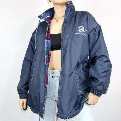 Vintage 80s 90s MERRYL reversible jacket windbreaker fleece jacket dark blue crazy pattern 46/48 L