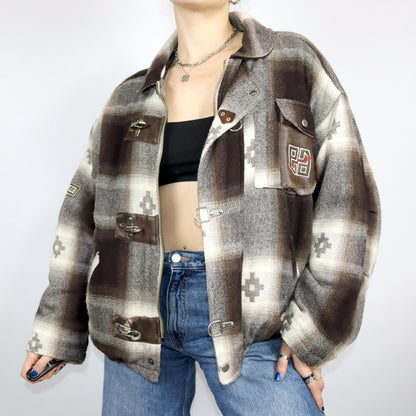 Vintage 80s 90s ESSENZA winter jacket lightly lined patterned beige brown wool M