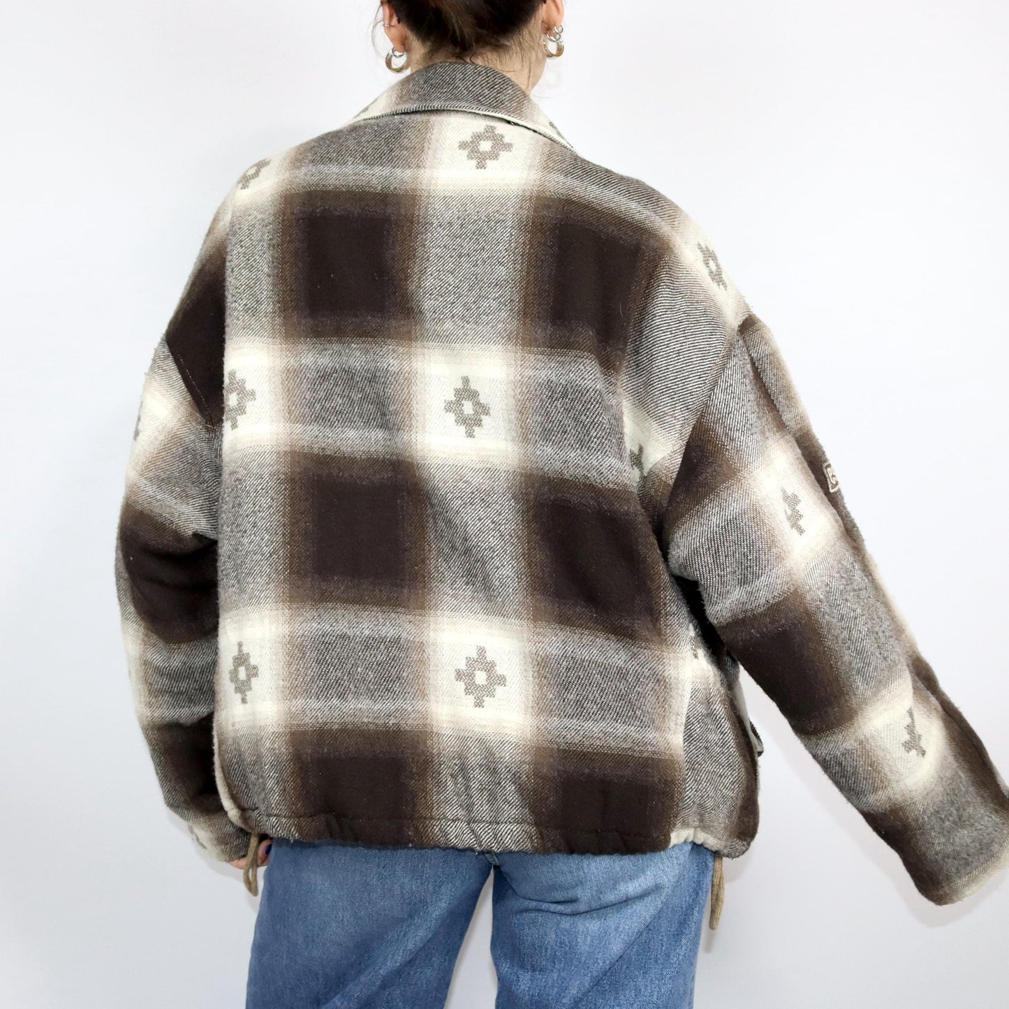 Vintage 80s 90s ESSENZA winter jacket lightly lined patterned beige brown wool M