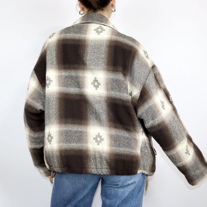 Vintage 80s 90s ESSENZA winter jacket lightly lined patterned beige brown wool M