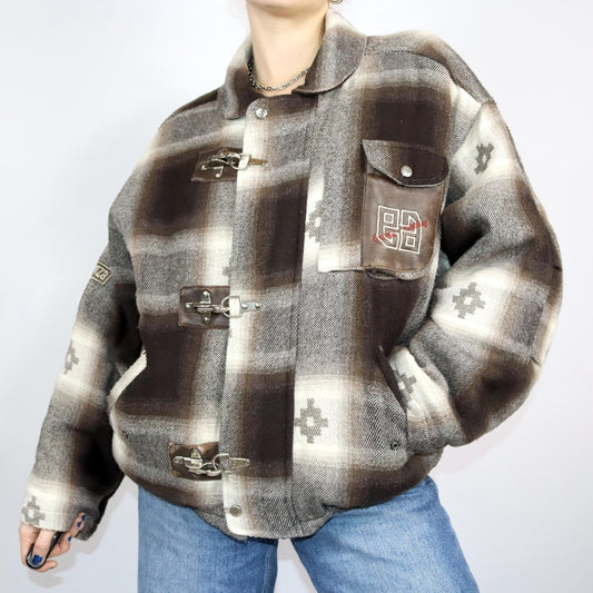 Vintage 80s 90s ESSENZA winter jacket lightly lined patterned beige brown wool M