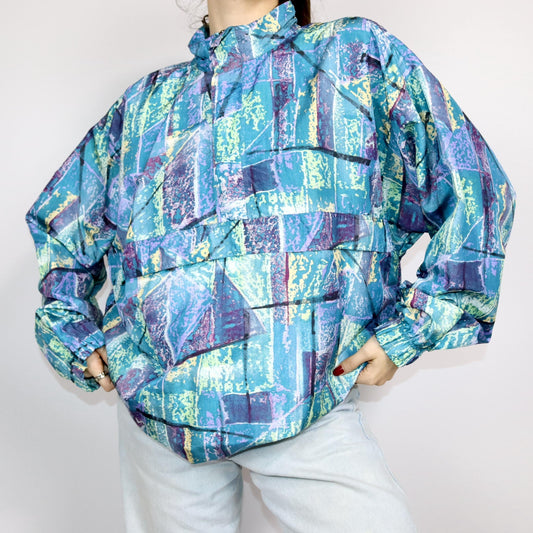 Vintage 80s 90s BENGER rain jacket windbreaker overcoat crazy pattern turquoise purple L