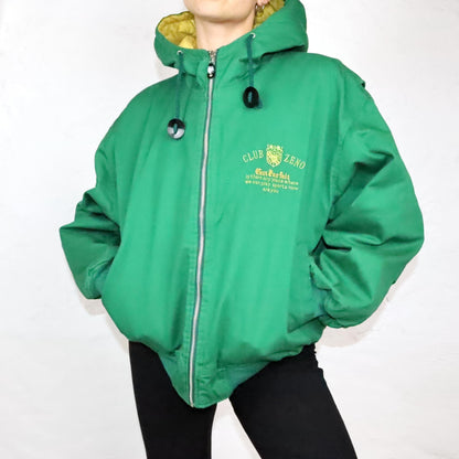 Vintage 80s 90s FULL BRIGHT bomber jacket lightly lined with hood embroidered green yellow M