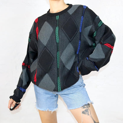 Vintage 80er 90er PELO Wollpullover Schurwolle Pullover Coogie style schwarz rot grün blau L/XL