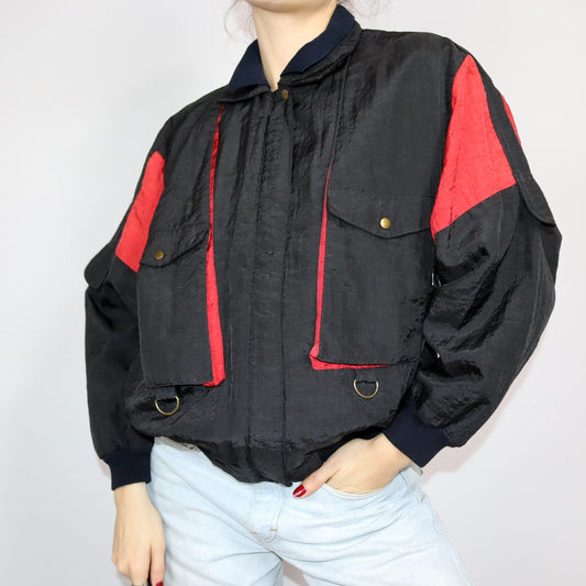 Vintage 80s 90s LADIES FASHION jacket lightly lined collar black red shiny M