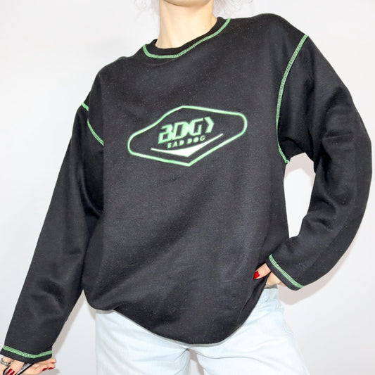 Vintage 80er 90er BAD DOG Sweatshirt Pullover schwarz neongrün XL