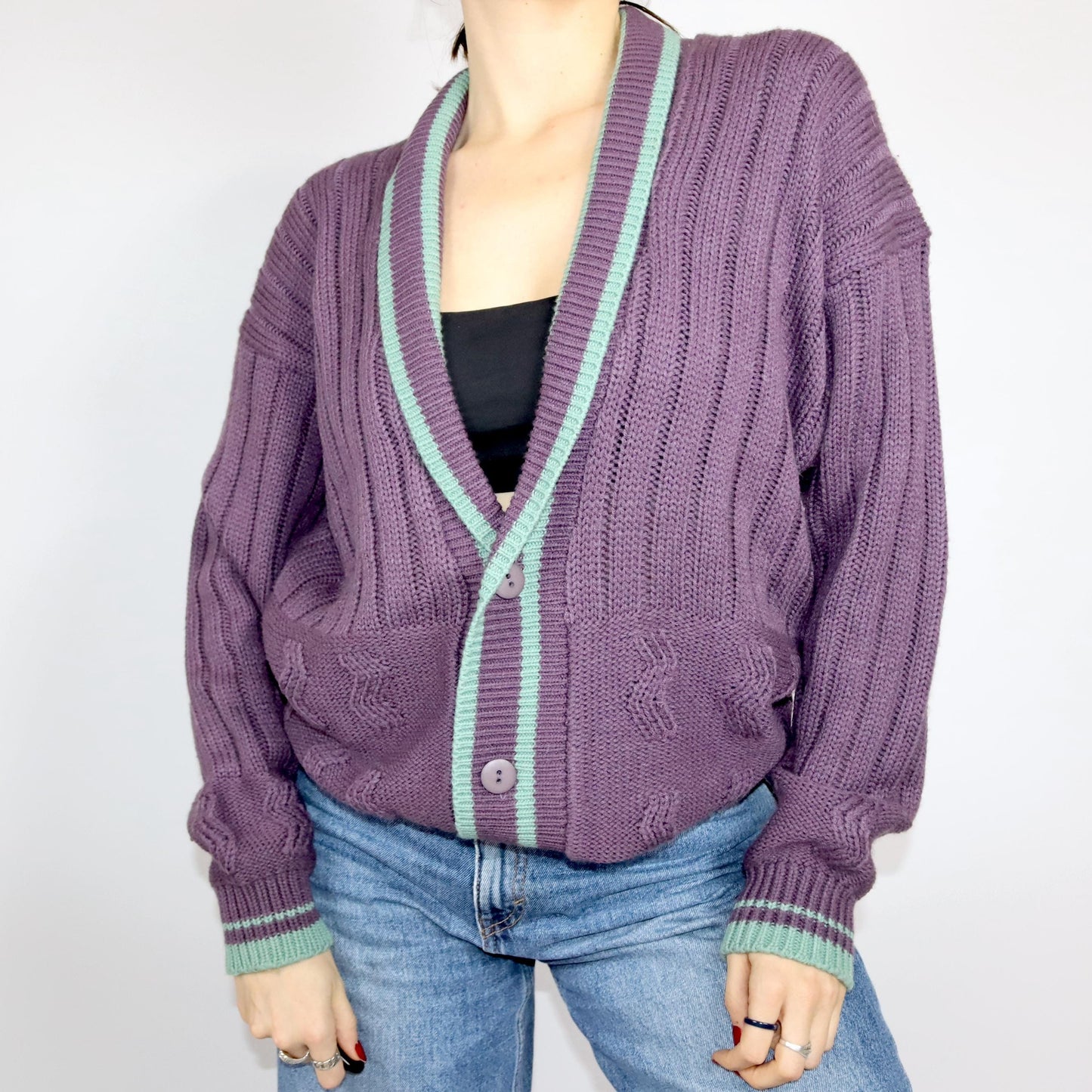 Vintage 80er 90er Cardigan Strickjacke Knopfleiste lila Flieder türkis 44/46