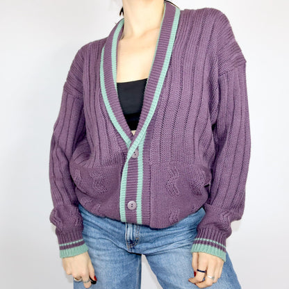 Vintage 80er 90er Cardigan Strickjacke Knopfleiste lila Flieder türkis 44/46