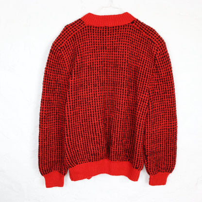 Vintage 80s 90s wool jacket thick cardigan wool double layer black red shoulder pads zipper M