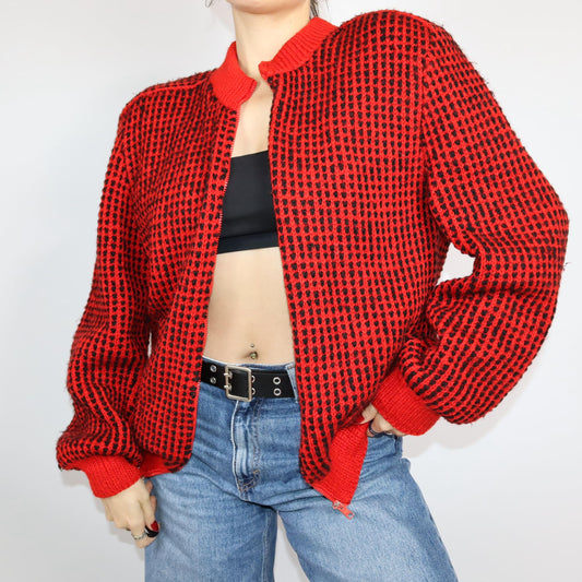 Vintage 80s 90s wool jacket thick cardigan wool double layer black red shoulder pads zipper M