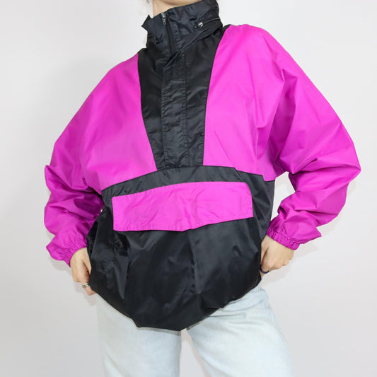 Vintage 80s 90s rain jacket windbreaker overcoat pink black 52 L