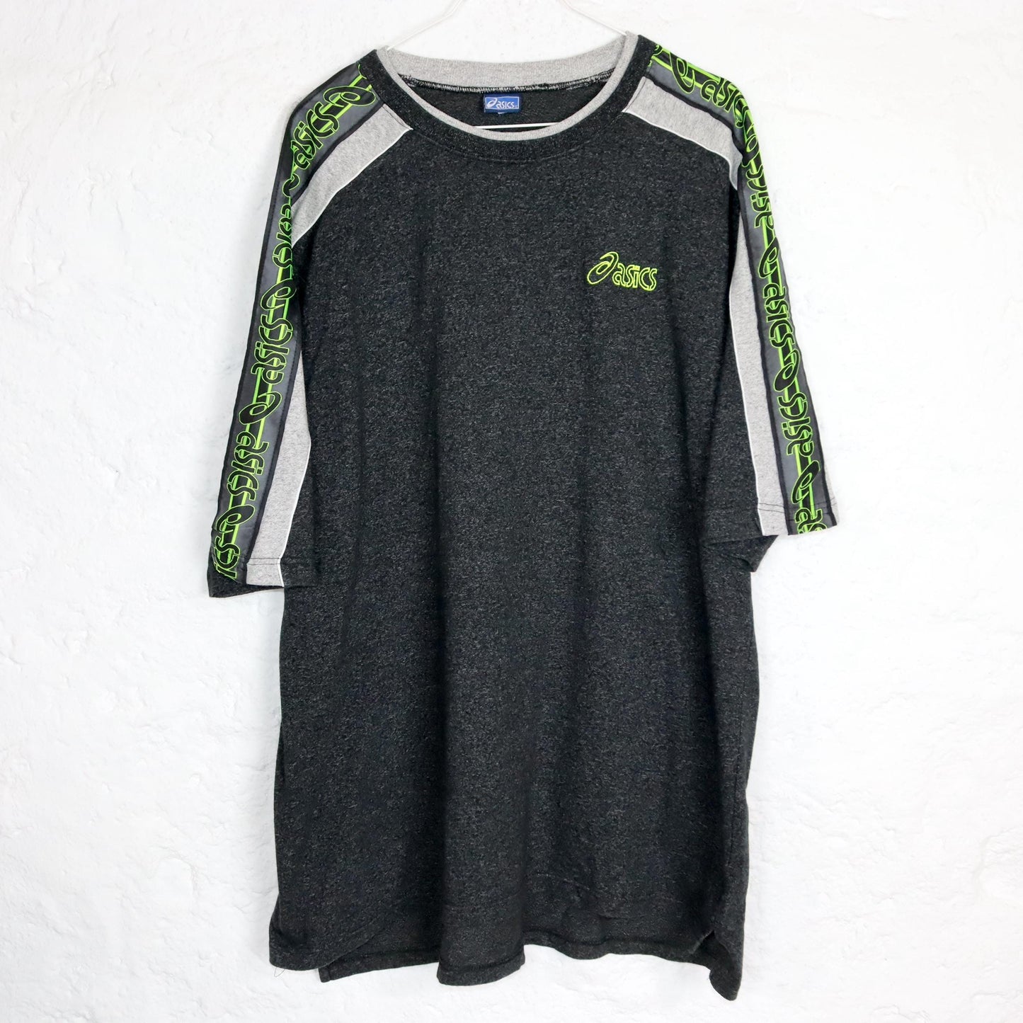 Vintage 80s 90s ASICS T-Shirt short sleeve grey melange neon green XL