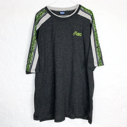 Vintage 80s 90s ASICS T-Shirt short sleeve grey melange neon green XL