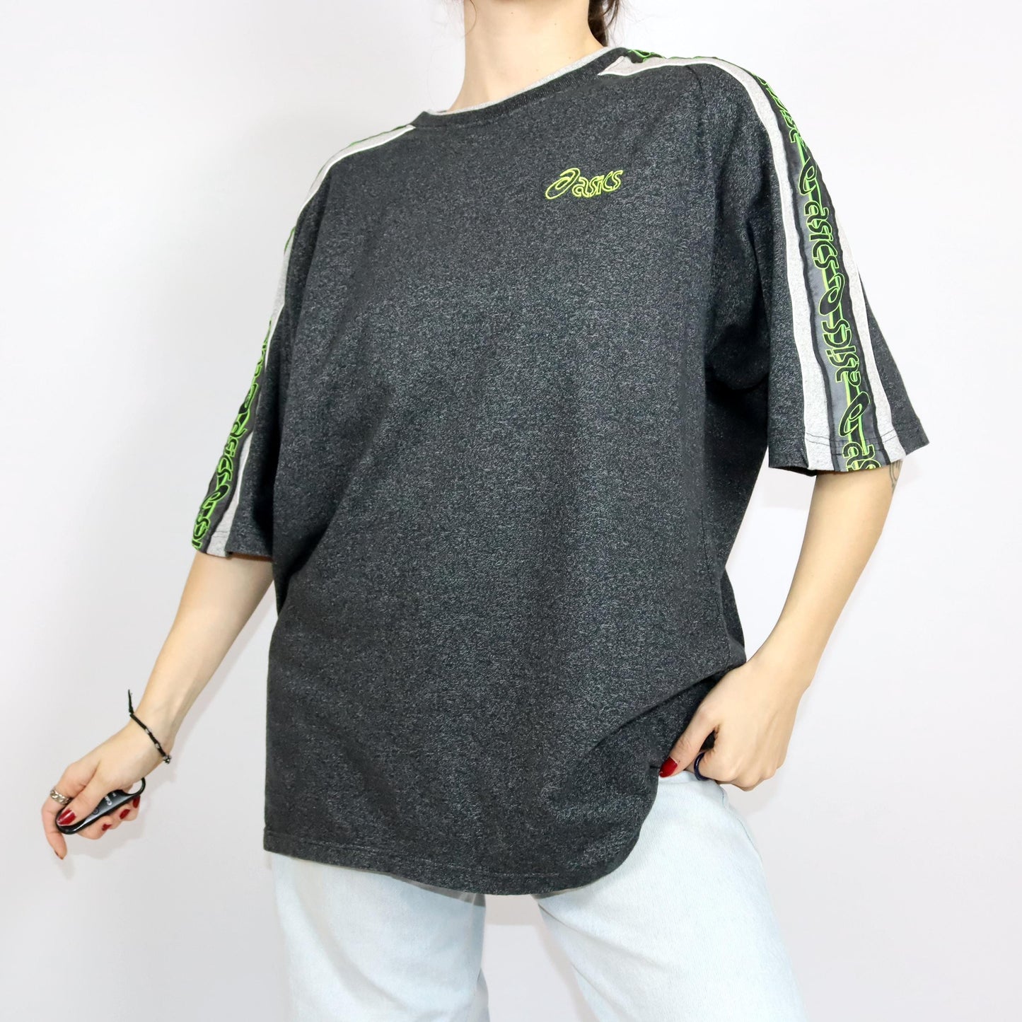 Vintage 80s 90s ASICS T-Shirt short sleeve grey melange neon green XL
