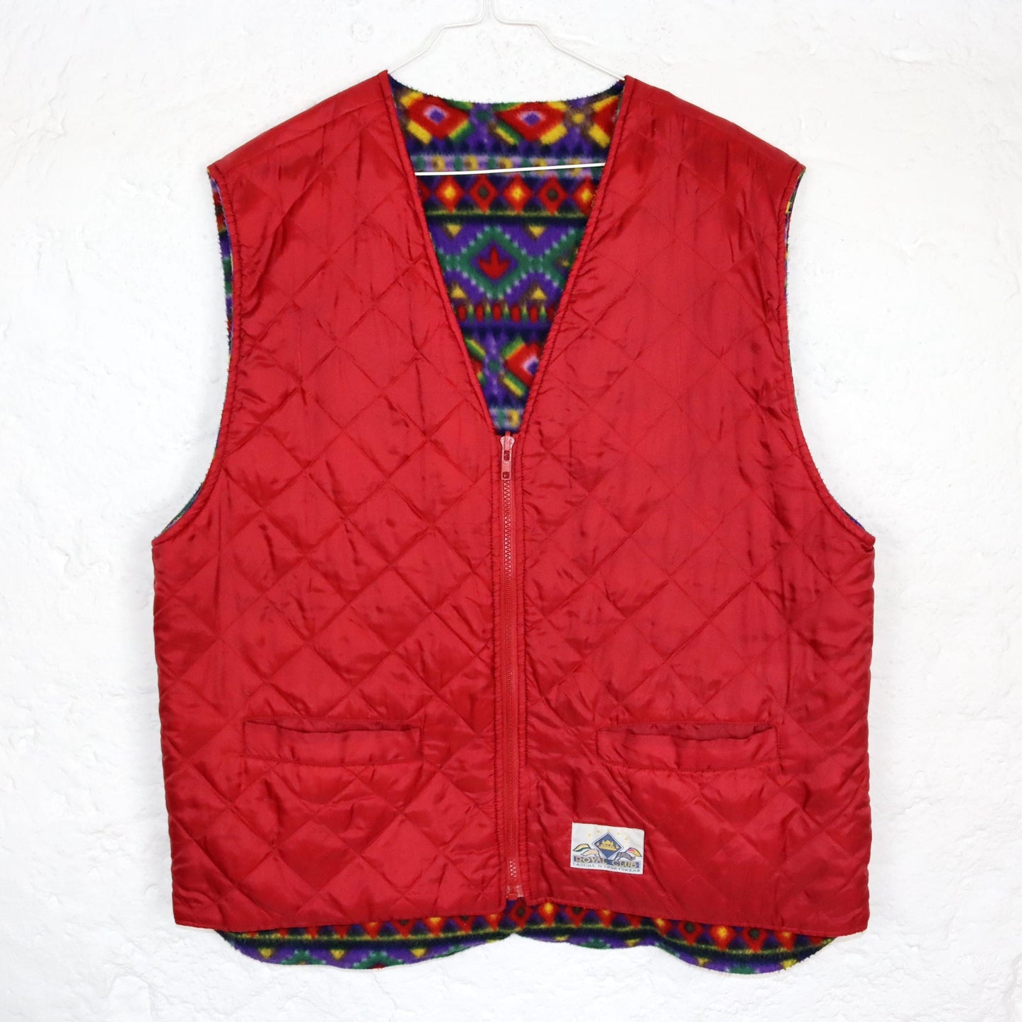 Vintage 80s 90s ROYAL CLUB reversible fleece vest quilted vest colorful red patterned L