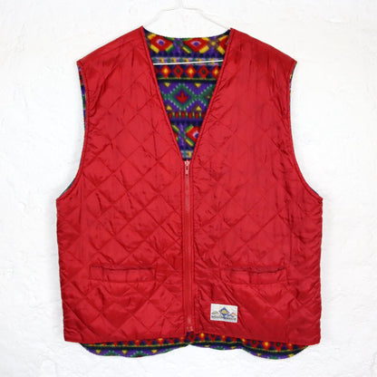 Vintage 80s 90s ROYAL CLUB reversible fleece vest quilted vest colorful red patterned L