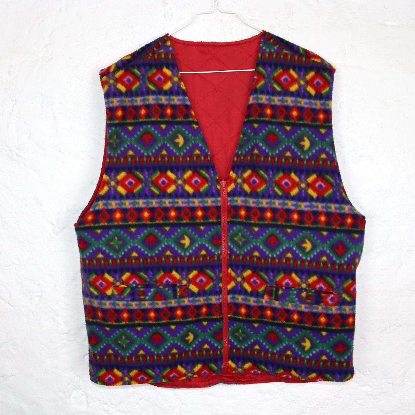 Vintage 80s 90s ROYAL CLUB reversible fleece vest quilted vest colorful red patterned L
