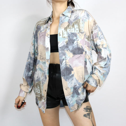 Vintage 80s 90s shirt long sleeve crazy pattern pastel colors L