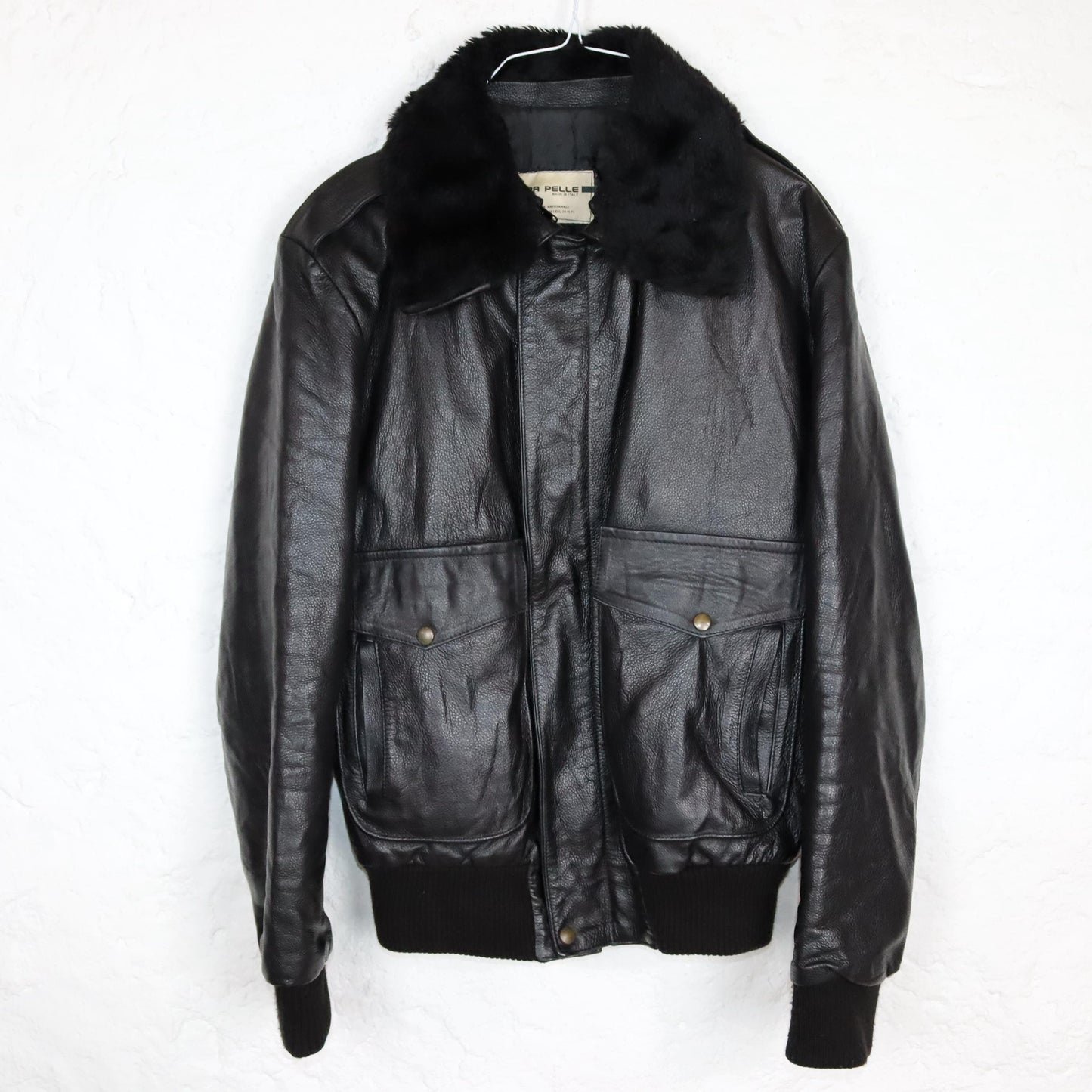 Vintage 80s 90s VERA PELLE leather jacket pilot jacket bomber jacket black fur collar faux fur S