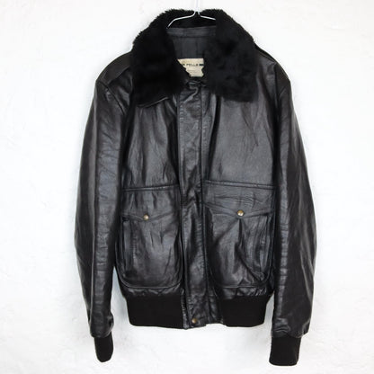 Vintage 80s 90s VERA PELLE leather jacket pilot jacket bomber jacket black fur collar faux fur S