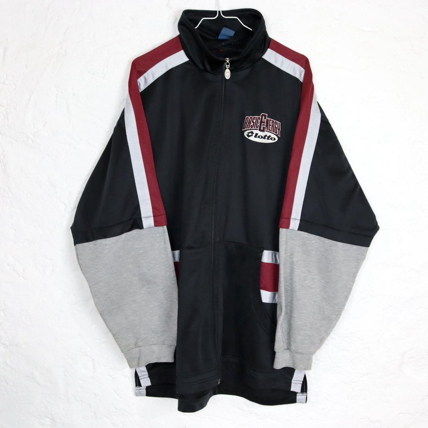 Vintage 80er 90er LOTTO Trainingsjacke Stehkragen schwarz grau rot 56 XXL