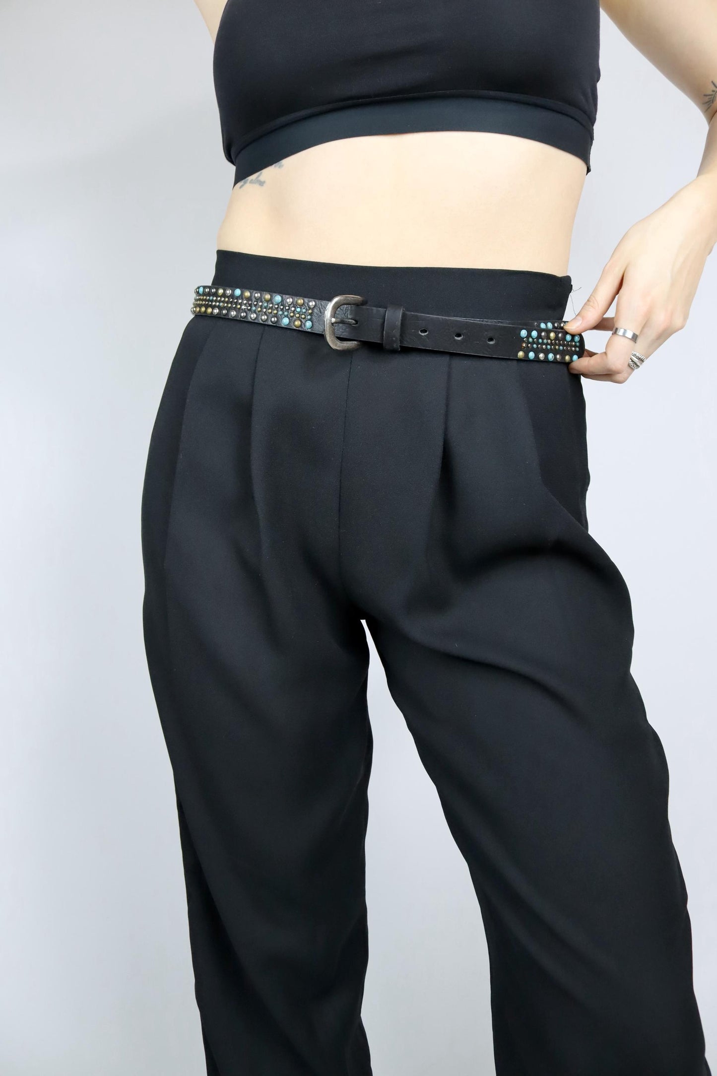 Vintage 80s 90s belt black narrow rivets stones silver blue Made in Italy 90 cm