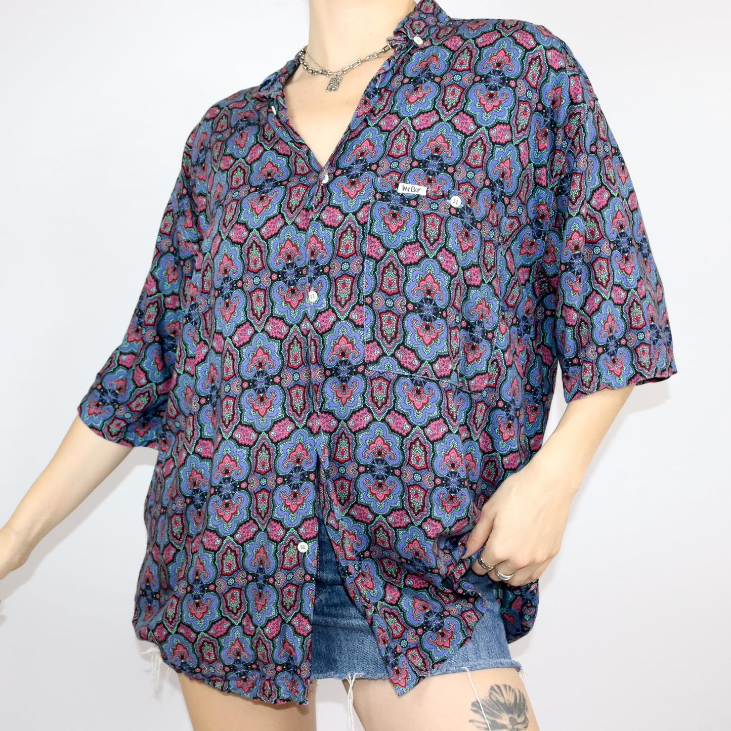 Vintage 80s 90s WIT BOY shirt short sleeve crazy pattern colorful L