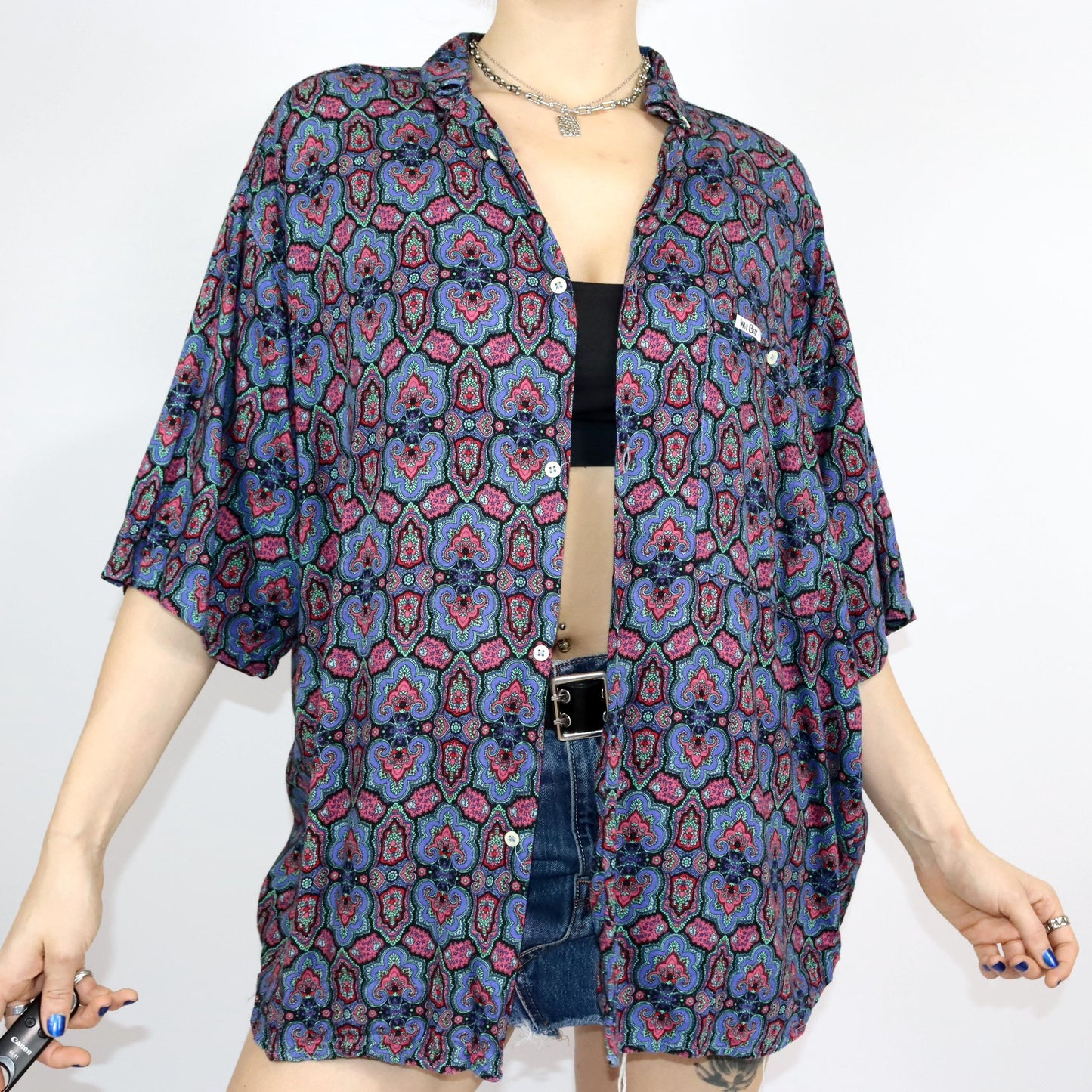 Vintage 80s 90s WIT BOY shirt short sleeve crazy pattern colorful L