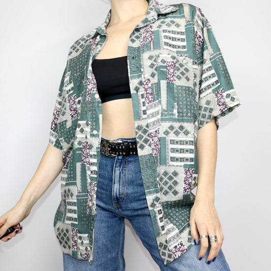 Vintage 80er 90er ONOFF Seidenhemd Hemd kurzarm crazy pattern grün lila weiß M