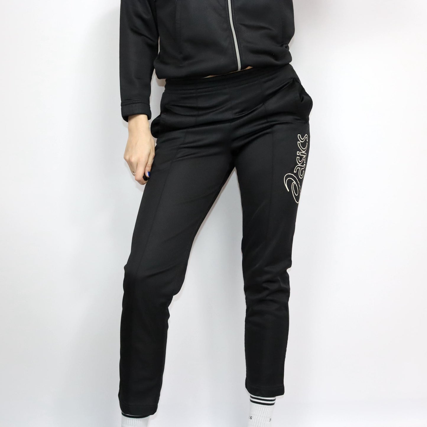 Vintage 80er 90er ASICS Trainingsanzug Jacke und Jogginghose schwarz grau weiß 38 S/M
