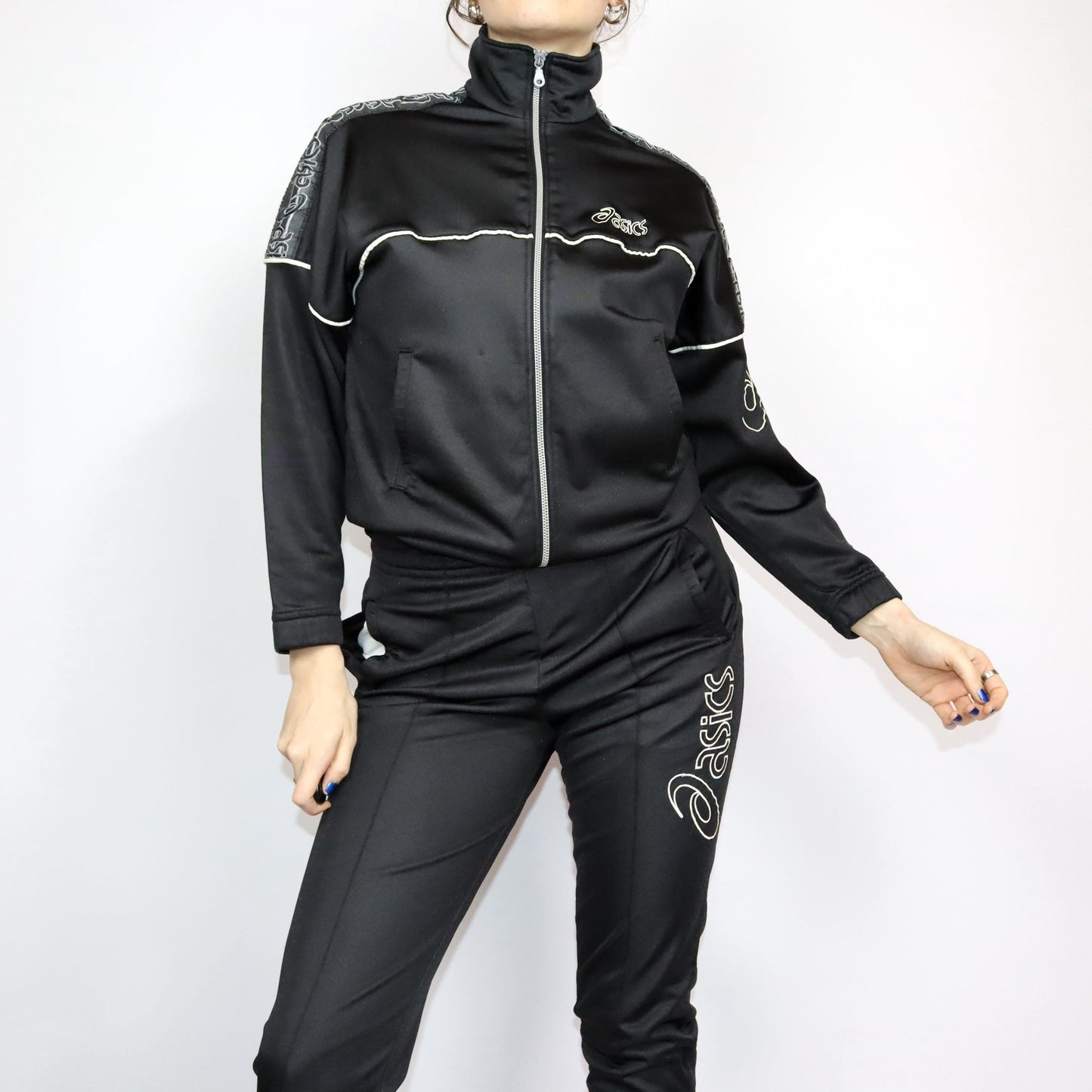 Vintage 80er 90er ASICS Trainingsanzug Jacke und Jogginghose schwarz grau weiß 38 S/M