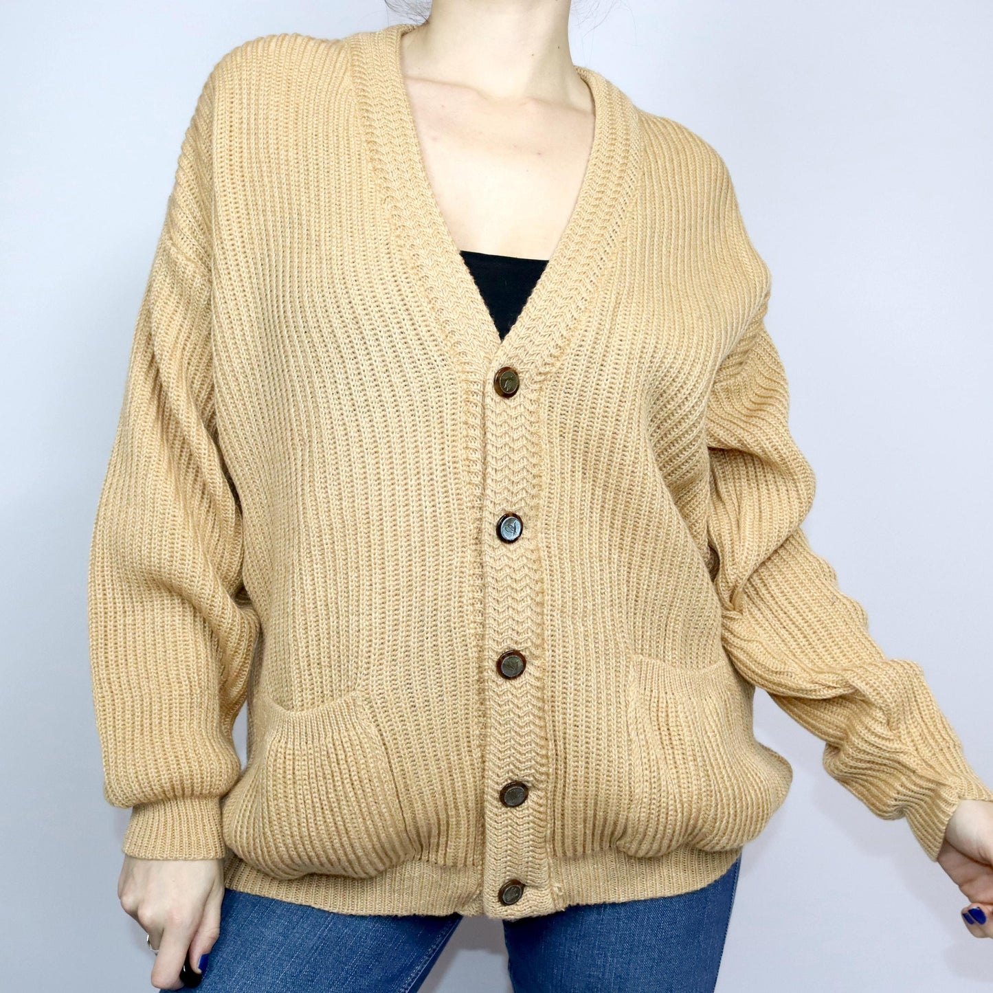 Vintage 80s 90s LEGNI VERDI Cardigan beige button placket wool cardigan wool XL
