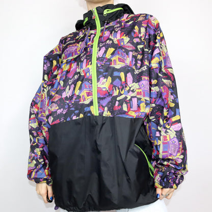 Vintage 80s 90s JEANTEX rain jacket windbreaker black crazy pattern colorful XL