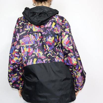 Vintage 80s 90s JEANTEX rain jacket windbreaker black crazy pattern colorful XL