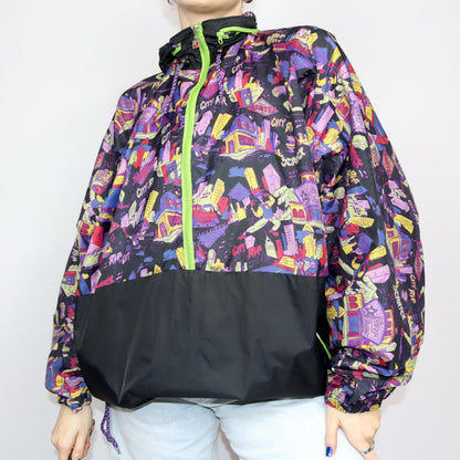 Vintage 80s 90s JEANTEX rain jacket windbreaker black crazy pattern colorful XL