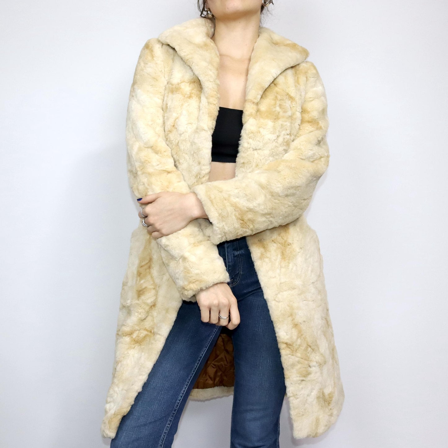 Vintage 80s 90s AVANT coat faux fur beige jacket XS/S